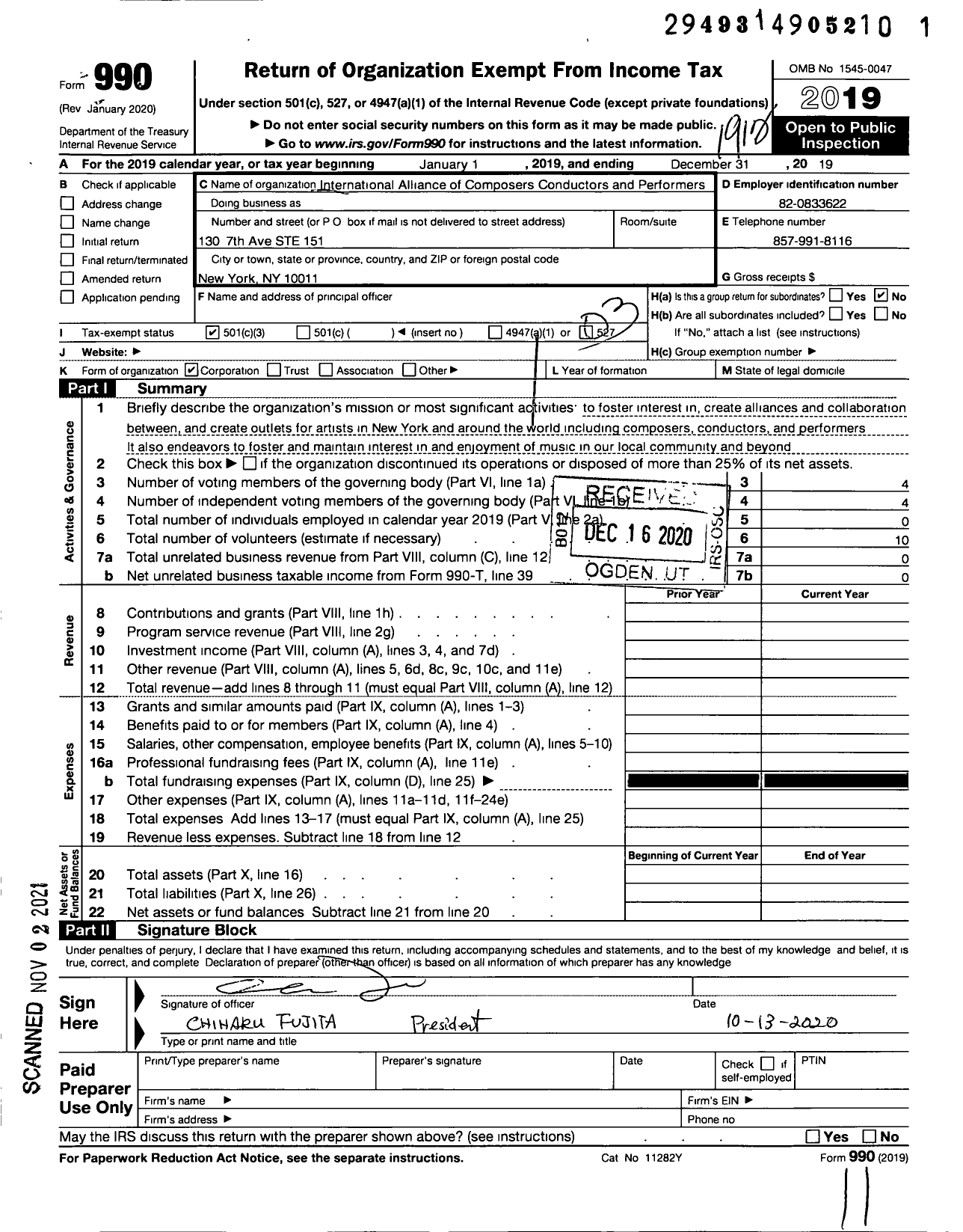 Image of first page of 2019 Form 990 for International Alliance of Composers Conductors and Performers