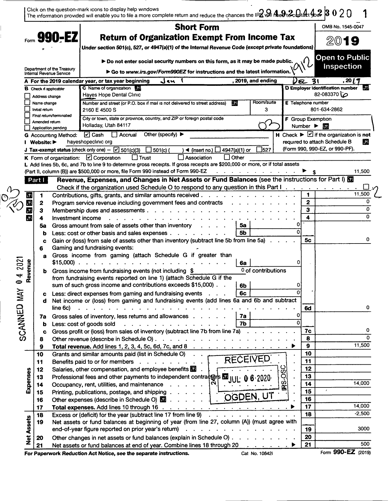 Image of first page of 2019 Form 990EZ for Hayes Hope Dental Clinic