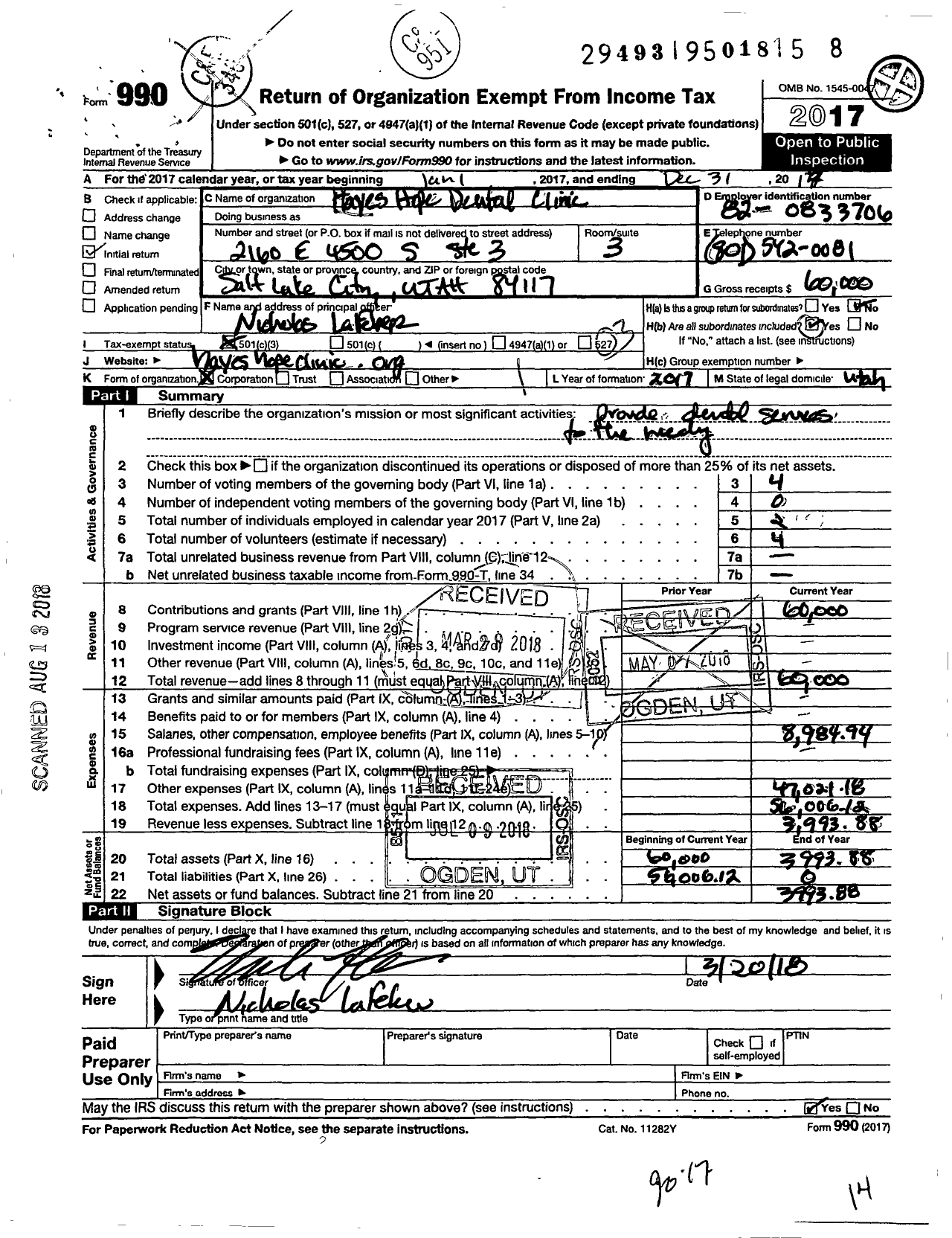 Image of first page of 2017 Form 990 for Hayes Hope Dental Clinic