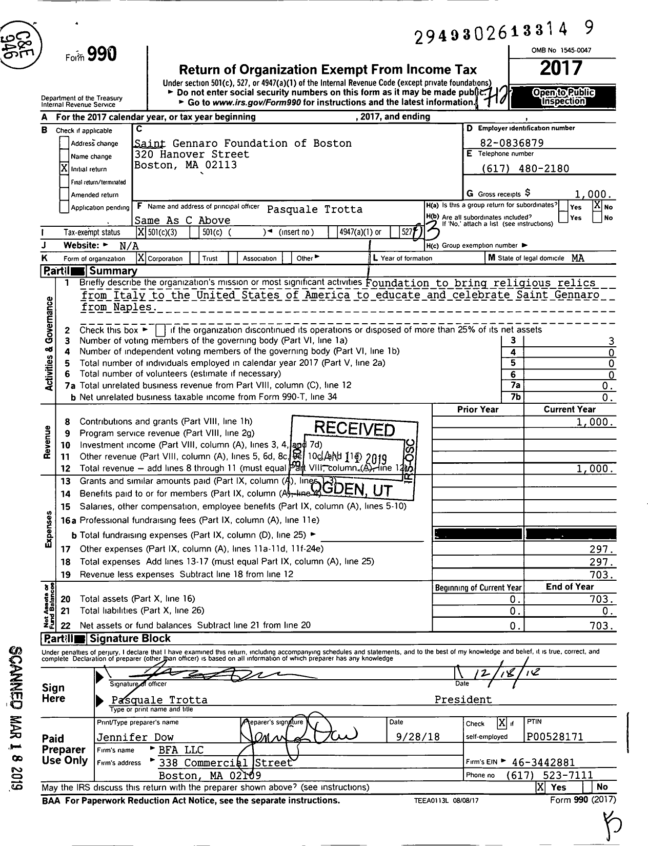 Image of first page of 2017 Form 990 for Saint Gennaro Foundation of Boston