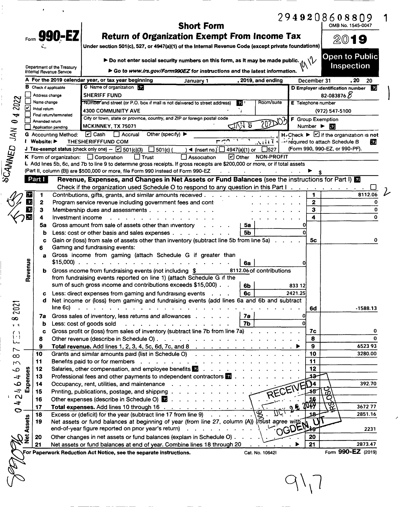 Image of first page of 2019 Form 990EZ for Sheriff Fund