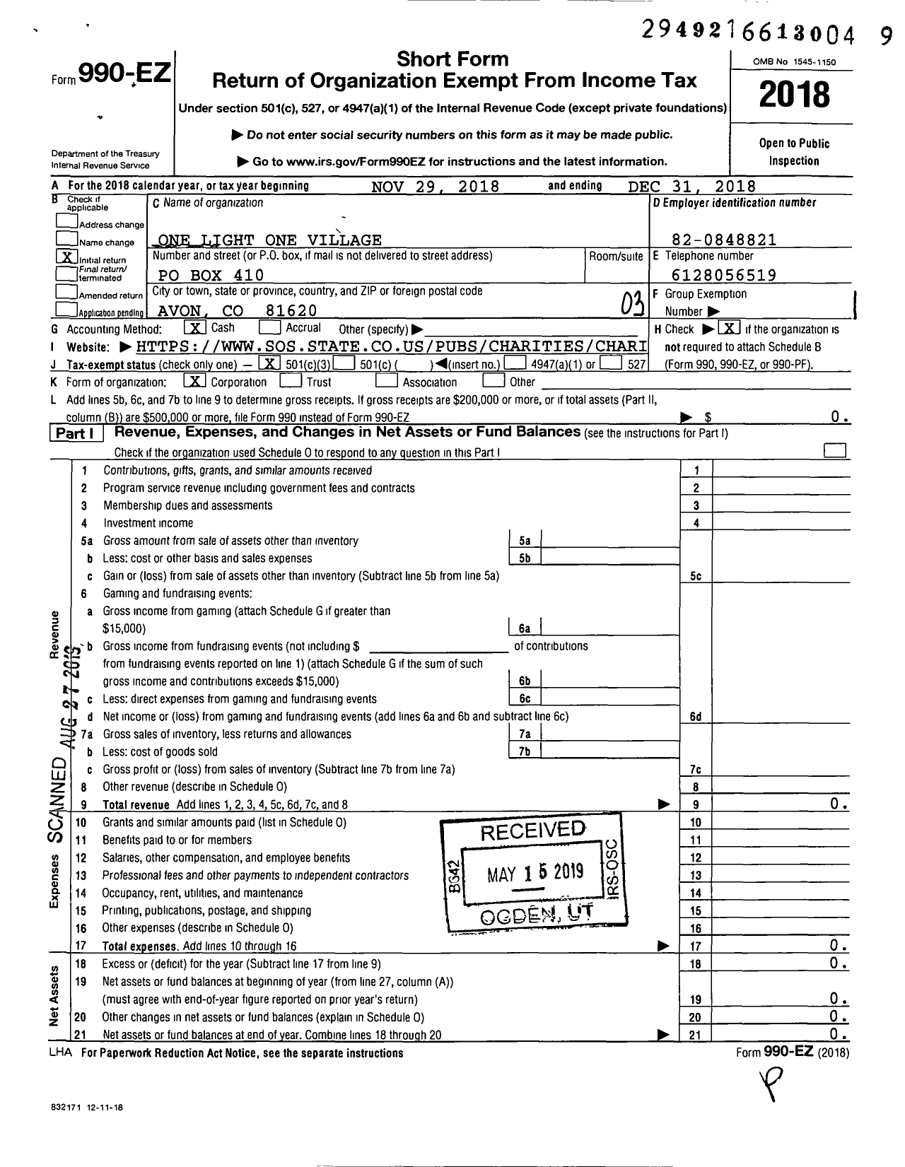 Image of first page of 2018 Form 990EZ for One Light One Village