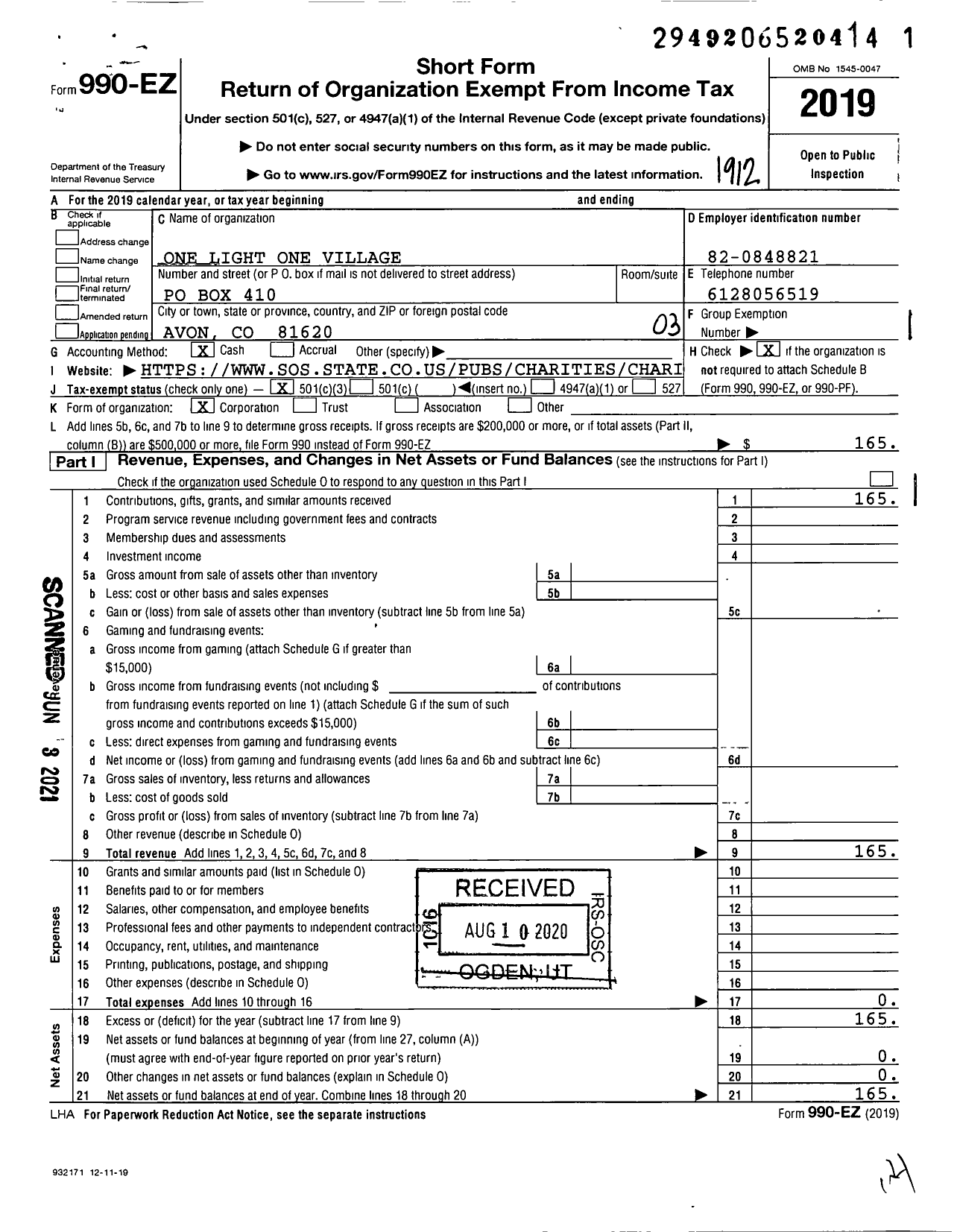 Image of first page of 2019 Form 990EZ for One Light One Village