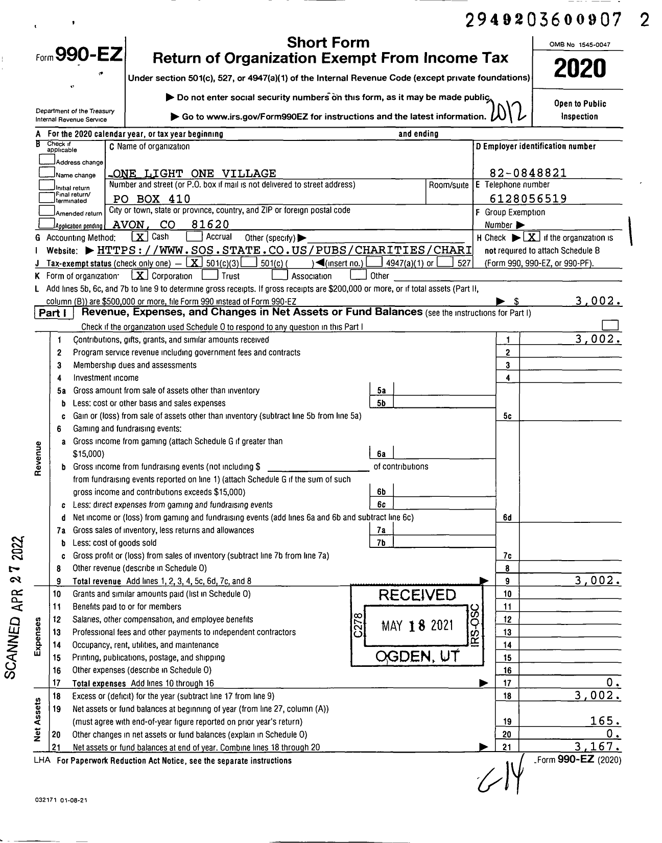 Image of first page of 2020 Form 990EZ for One Light One Village