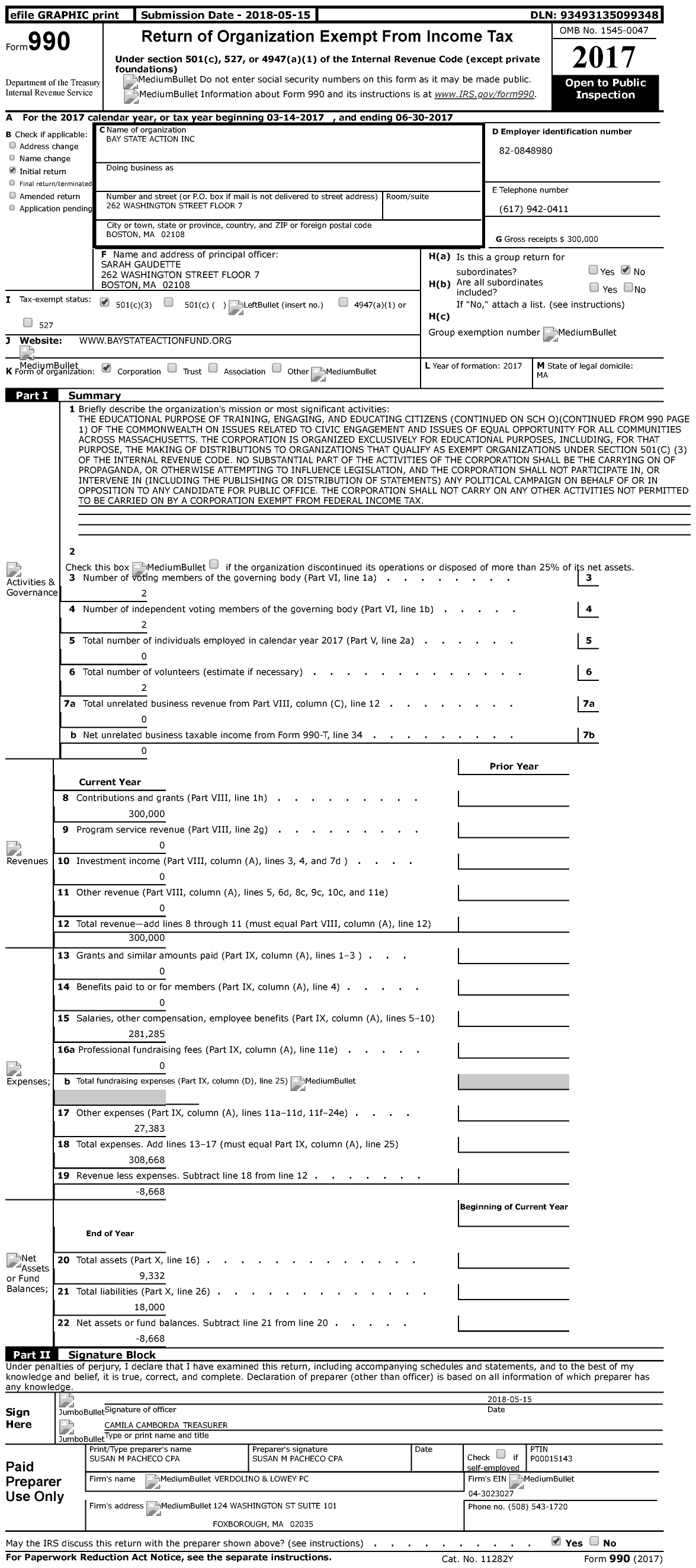 Image of first page of 2016 Form 990 for Bay State Action