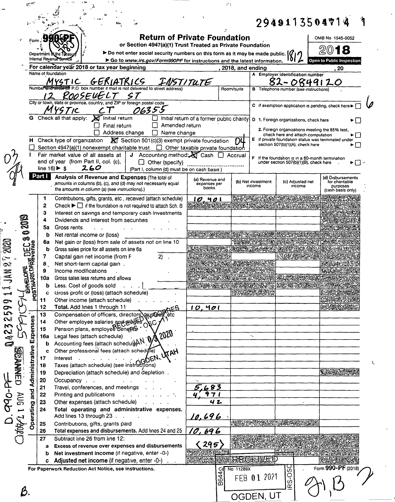 Image of first page of 2018 Form 990PF for Mystic Geriatrics Institute