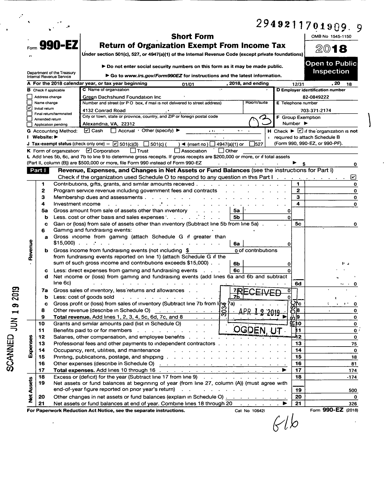 Image of first page of 2018 Form 990EZ for Green Dachshund Foundation