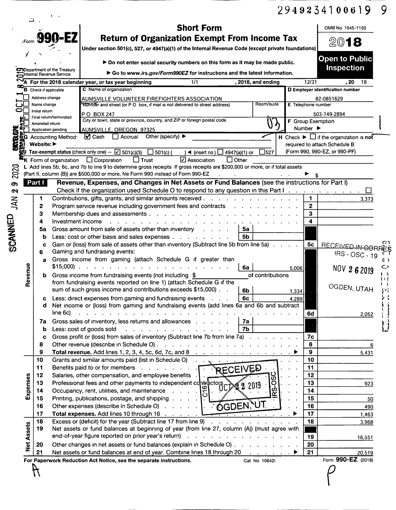 Image of first page of 2018 Form 990EZ for Aumsville Volunteer Firefighters Association