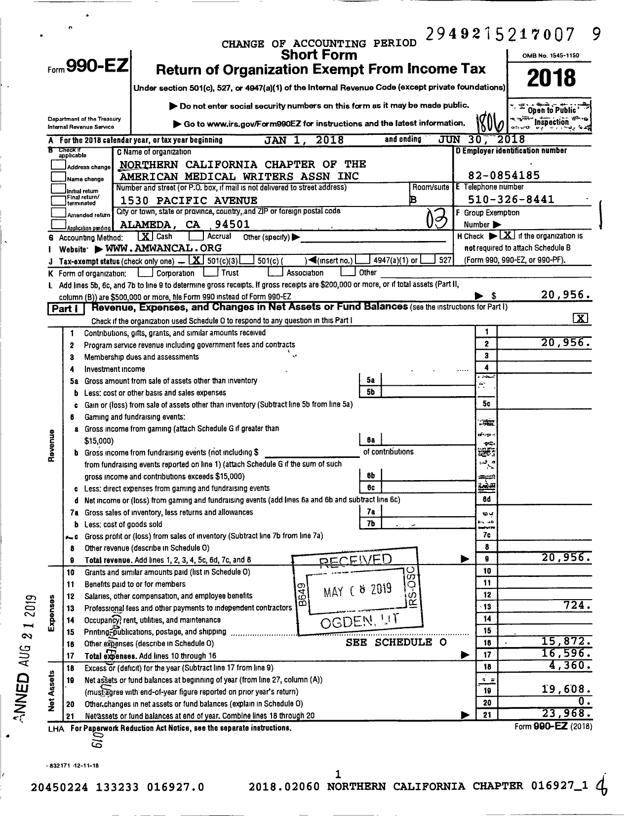 Image of first page of 2017 Form 990EZ for Northern California Chapter of the American Medical Writers Association