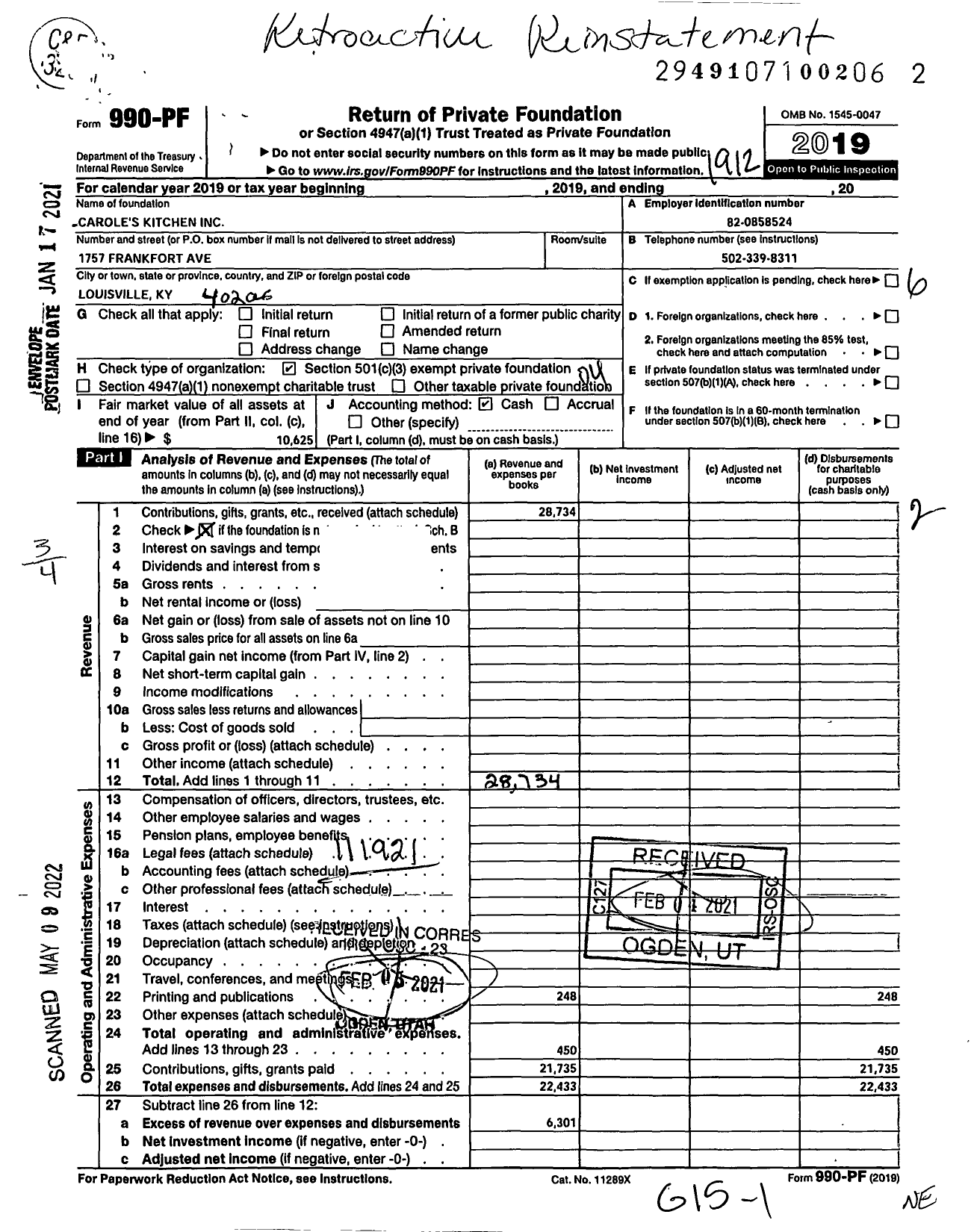 Image of first page of 2019 Form 990PF for Carole's Kitchen