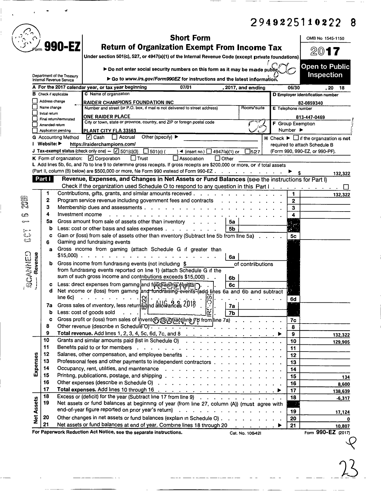 Image of first page of 2017 Form 990EZ for Raider Champions Foundation