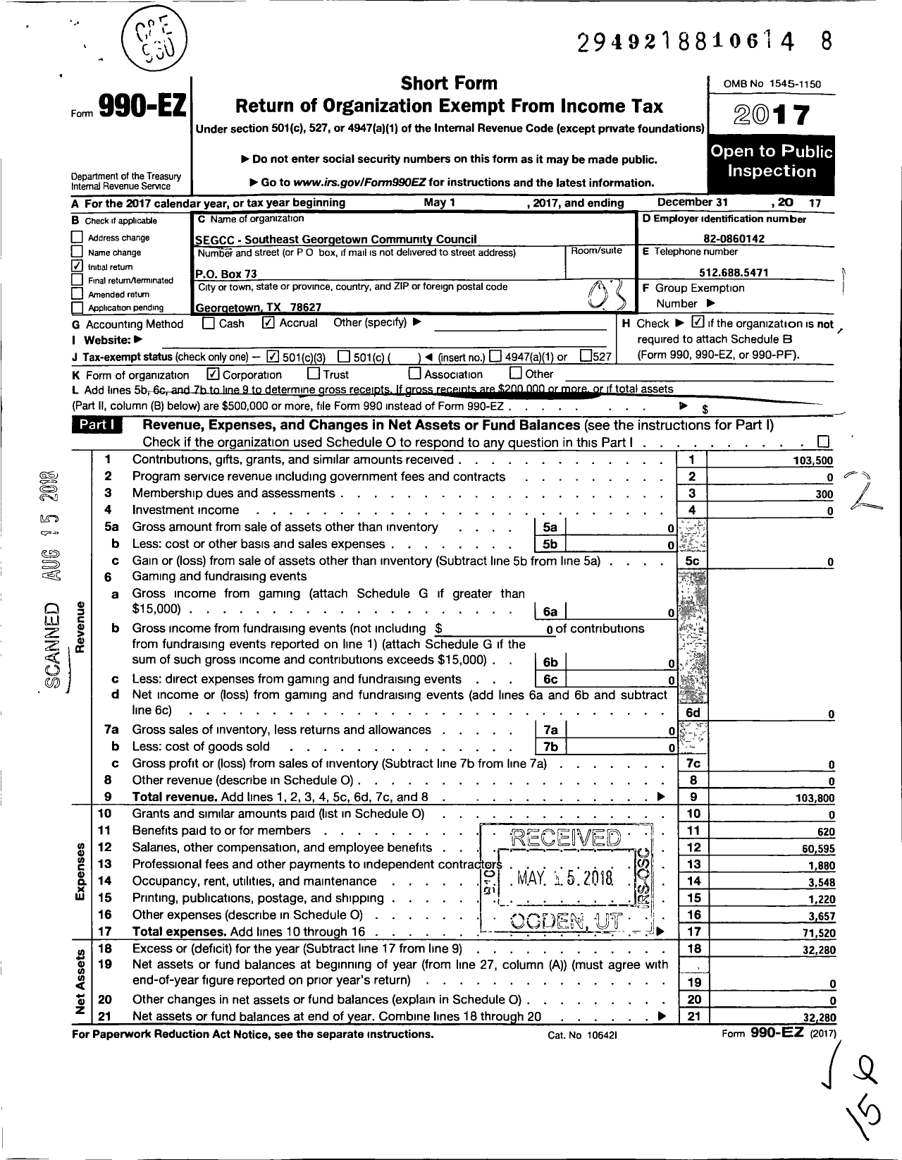 Image of first page of 2017 Form 990EZ for GTX Connect