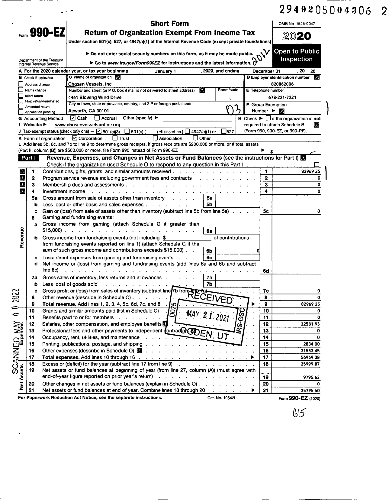 Image of first page of 2020 Form 990EZ for Chosen Vessels