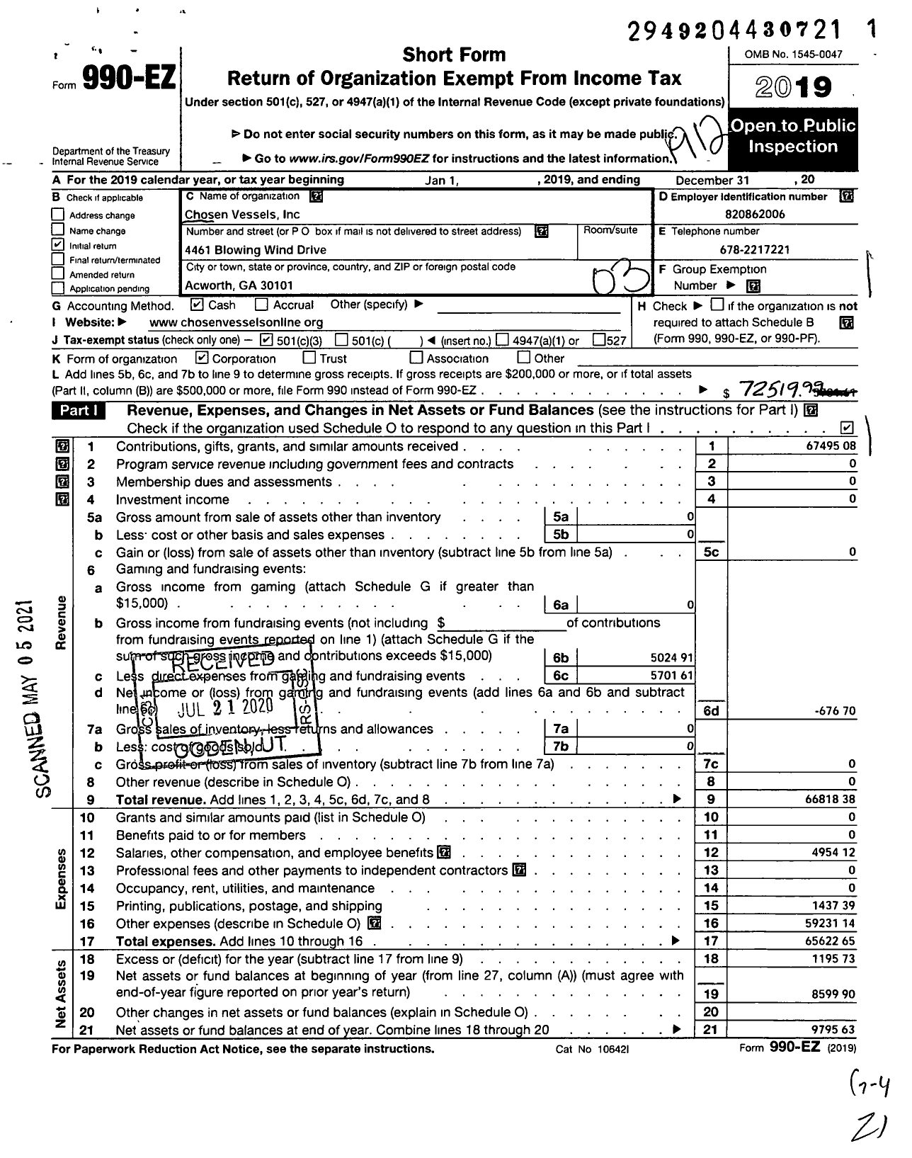 Image of first page of 2019 Form 990EZ for Chosen Vessels