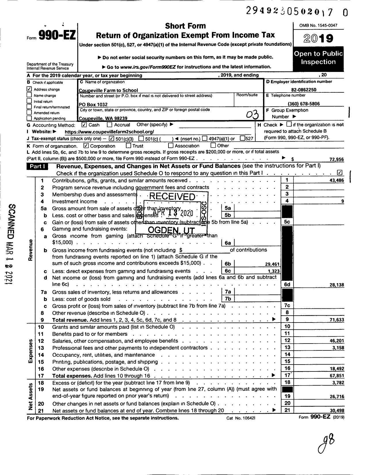 Image of first page of 2019 Form 990EZ for Coupeville Farm To School