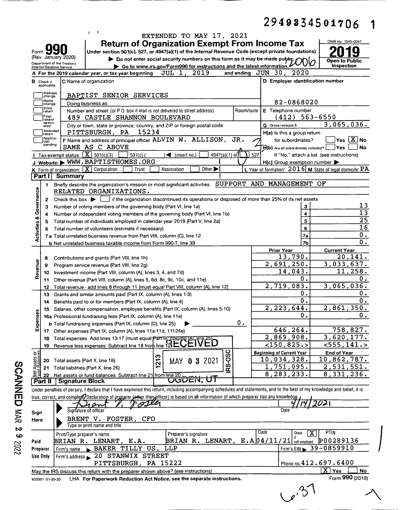 Image of first page of 2019 Form 990 for Baptist Senior Services