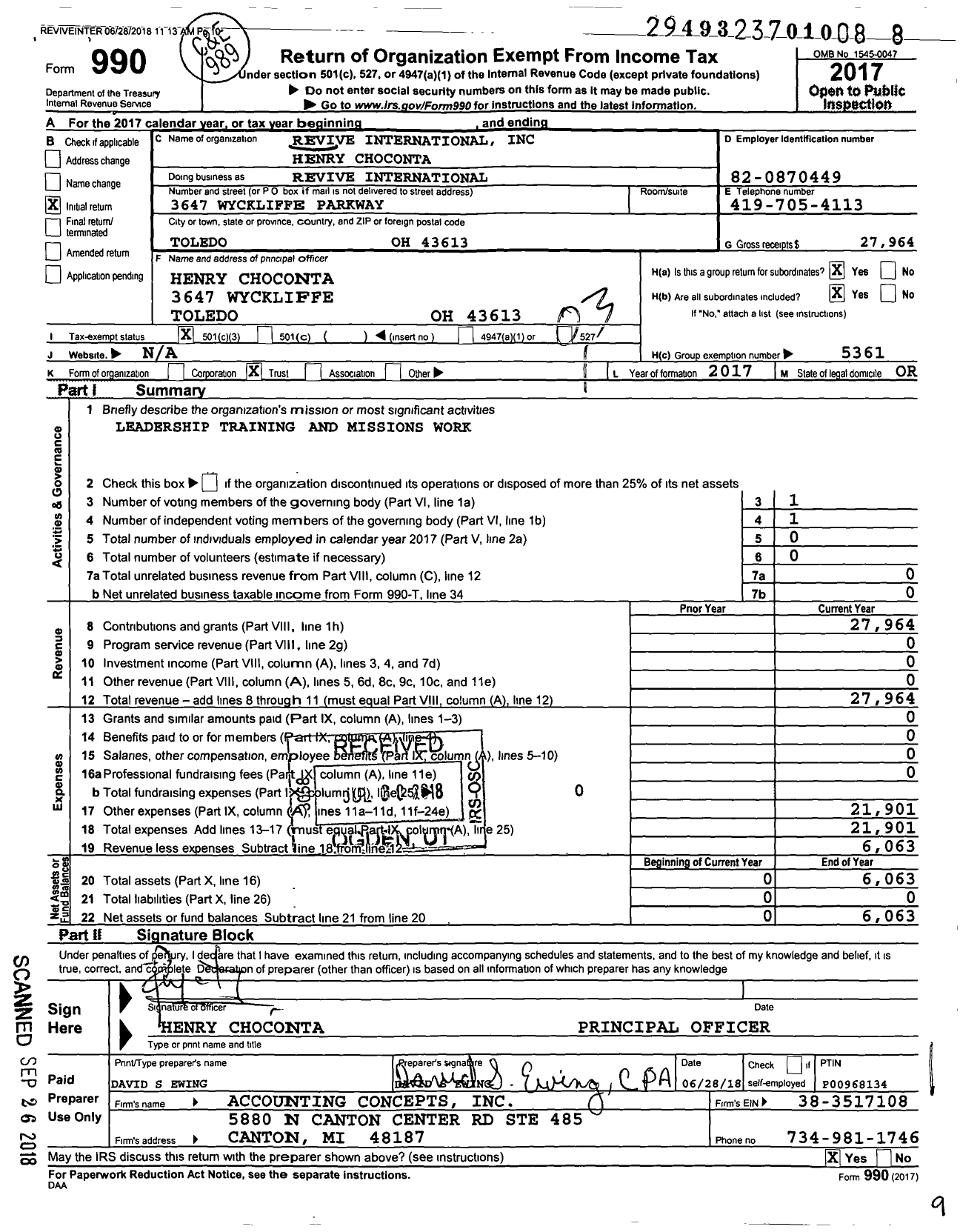 Image of first page of 2017 Form 990 for Revive International