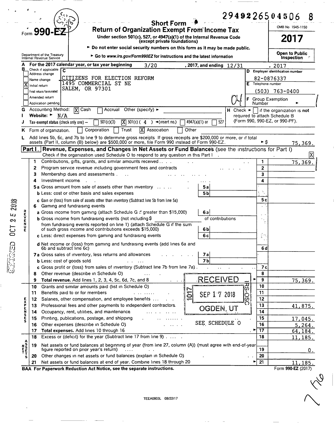 Image of first page of 2017 Form 990EO for Citizens for Election Reform