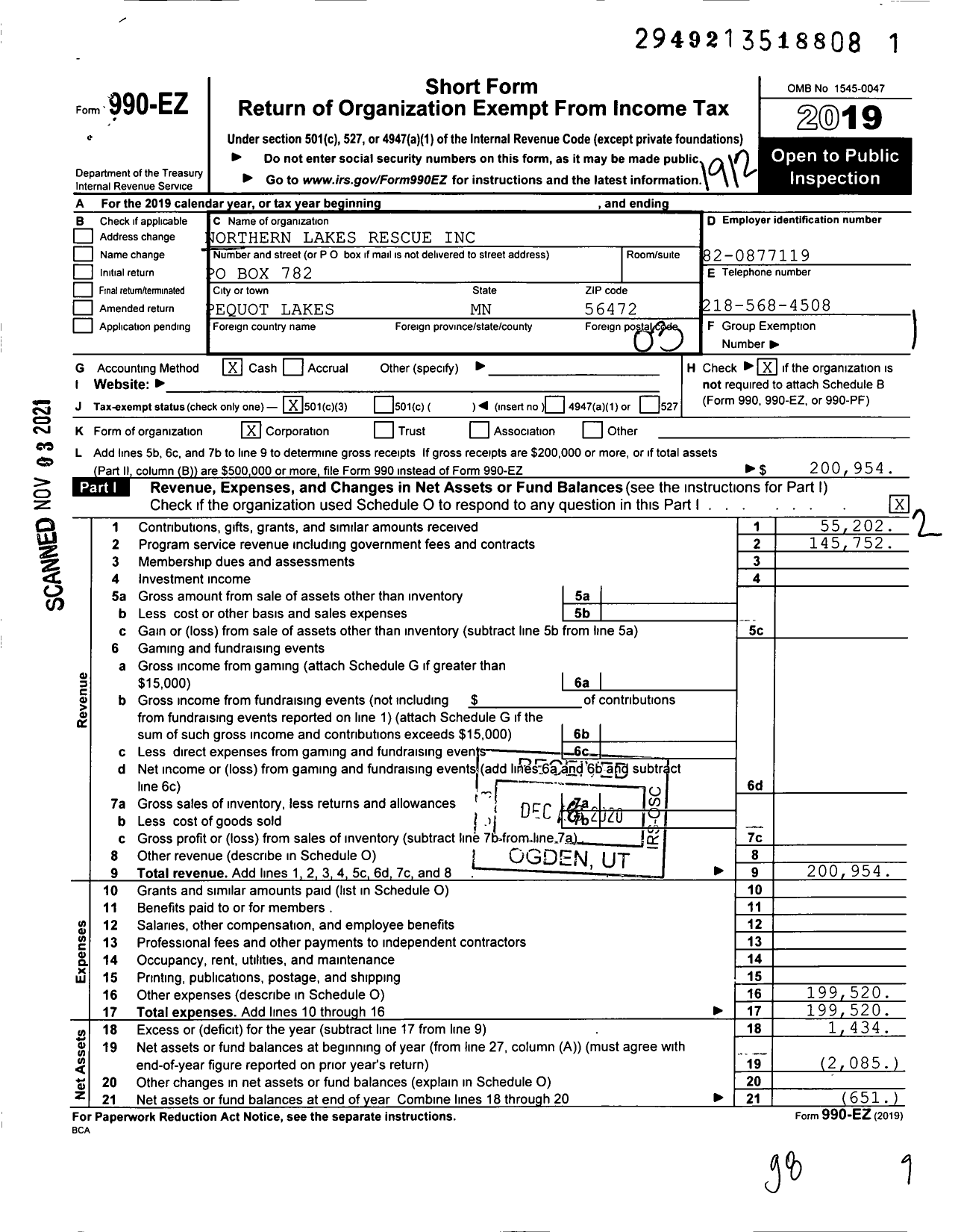 Image of first page of 2019 Form 990EZ for Northern Lakes Rescue