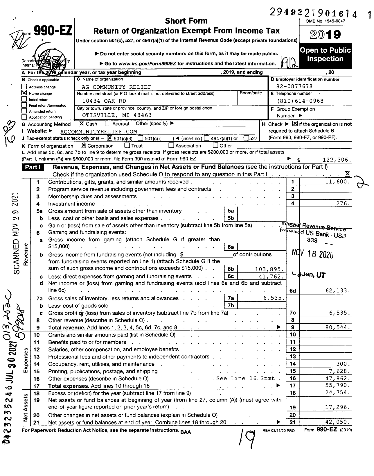 Image of first page of 2019 Form 990EZ for Ag Community Relief