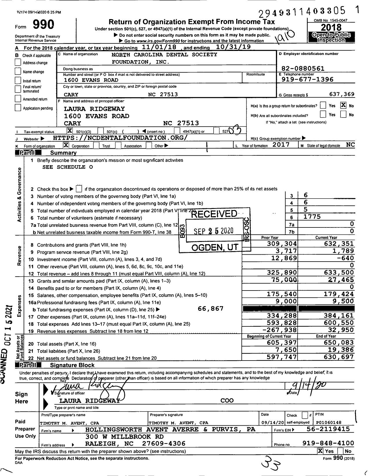 Image of first page of 2018 Form 990 for North Carolina Dental Society Foundation