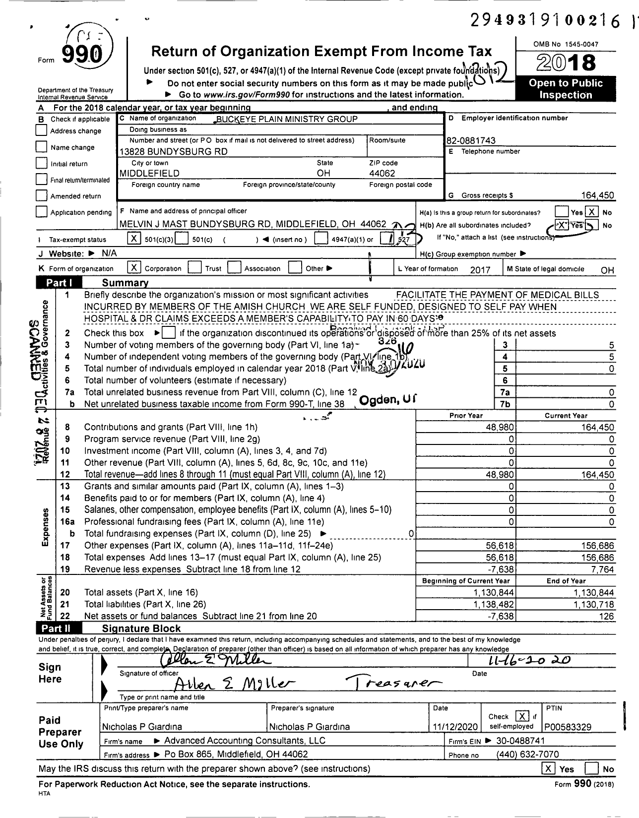 Image of first page of 2018 Form 990 for Buckeye Plain Ministry Group