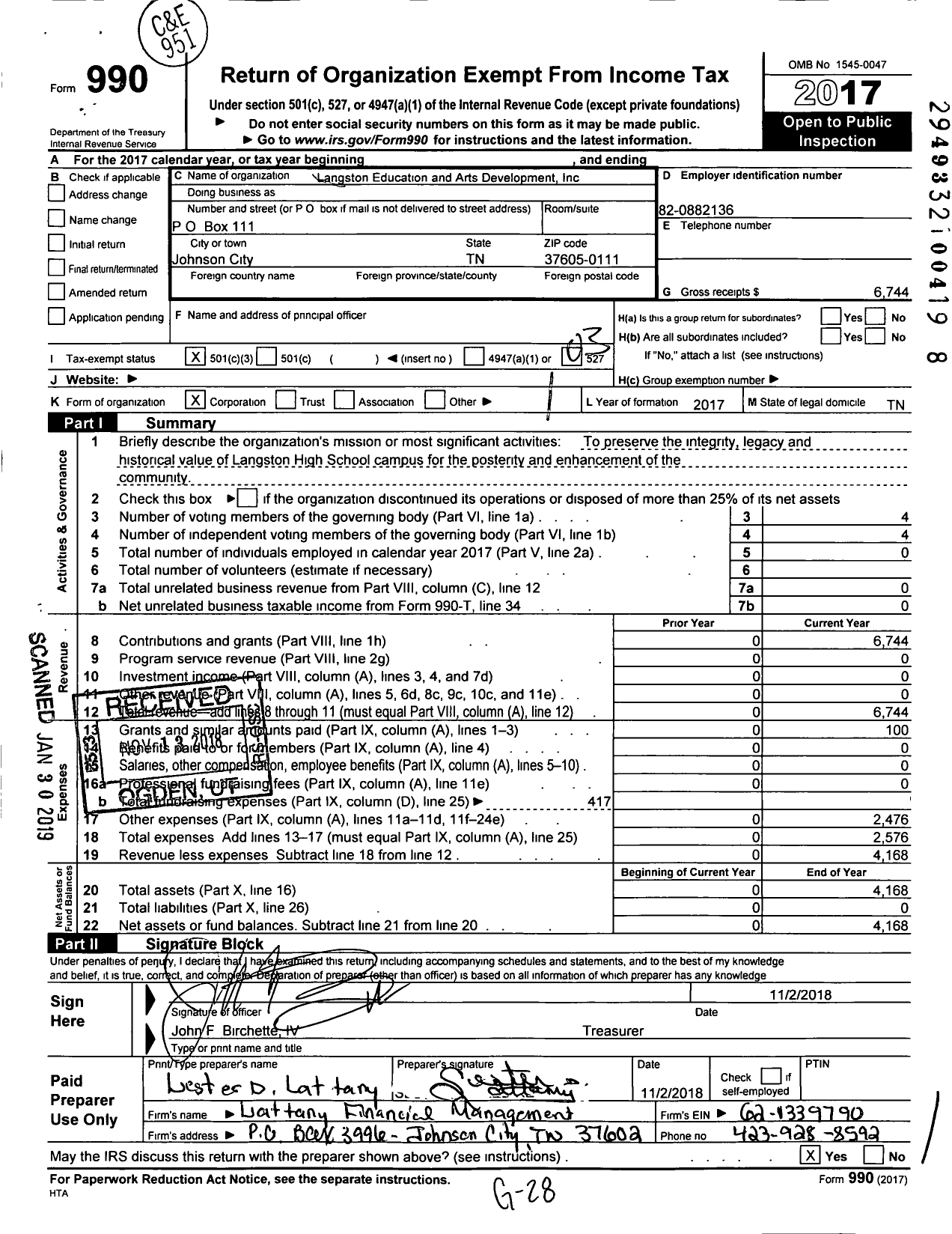 Image of first page of 2017 Form 990 for Langston Education and Arts Development Corporation