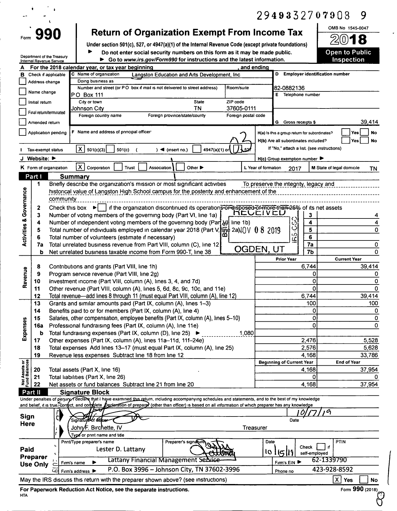 Image of first page of 2018 Form 990 for Langston Education and Arts Development Corporation