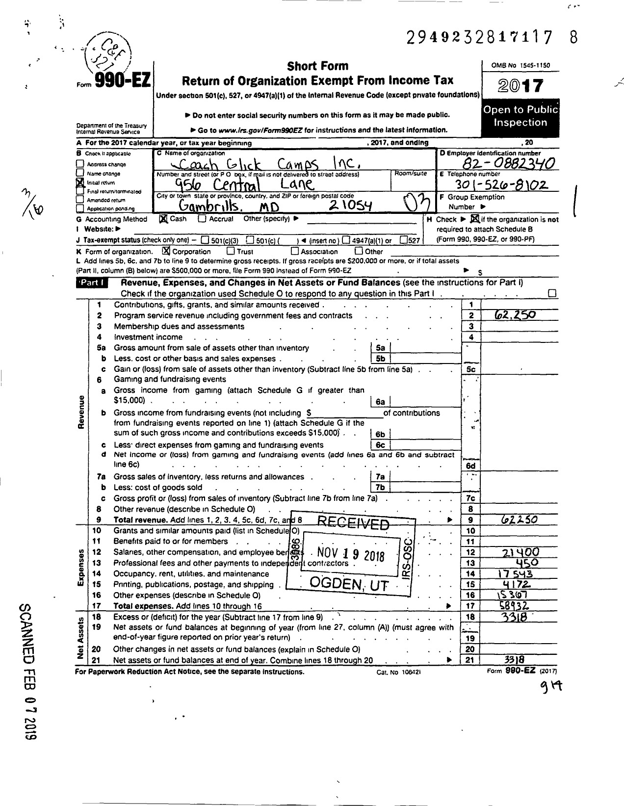 Image of first page of 2017 Form 990EZ for Coach Glick Camps