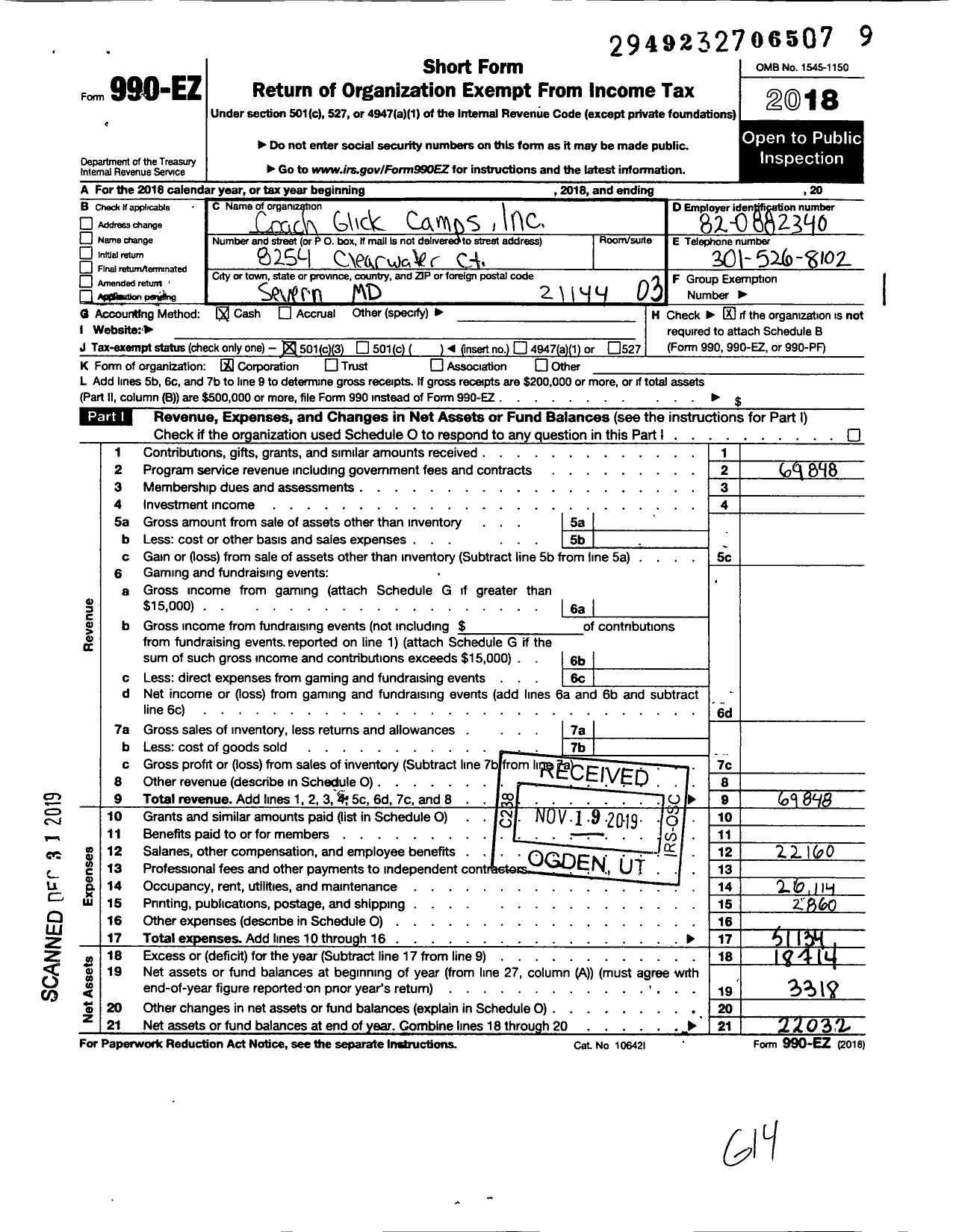 Image of first page of 2018 Form 990EZ for Coach Glick Camps