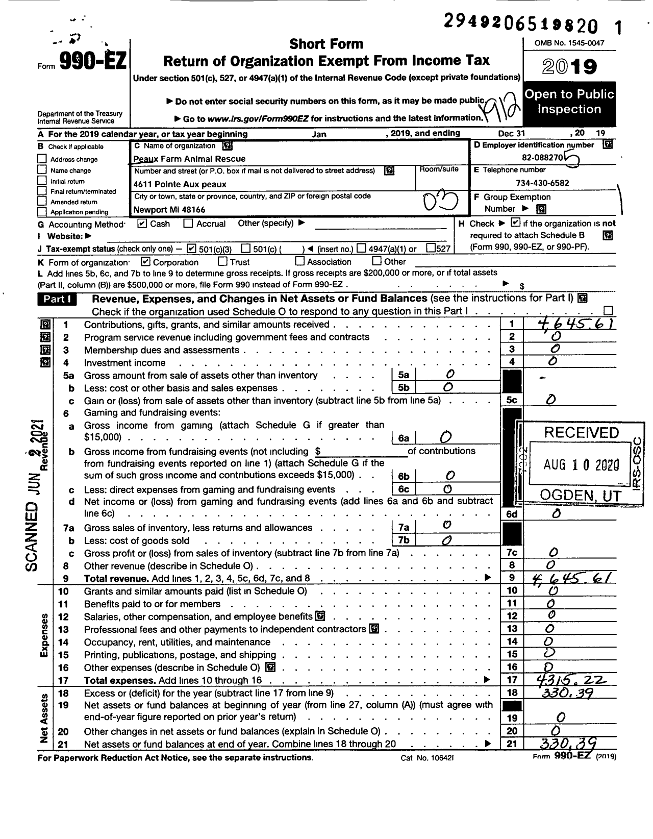 Image of first page of 2019 Form 990EZ for Peaux Farm Animal Rescue