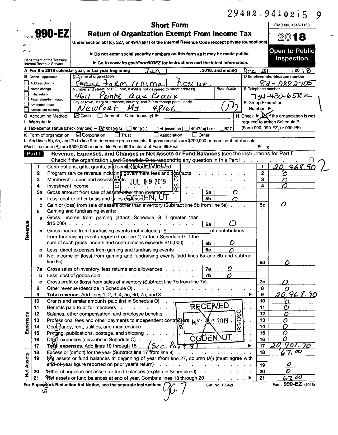 Image of first page of 2018 Form 990EZ for Peaux Farm Animal Rescue