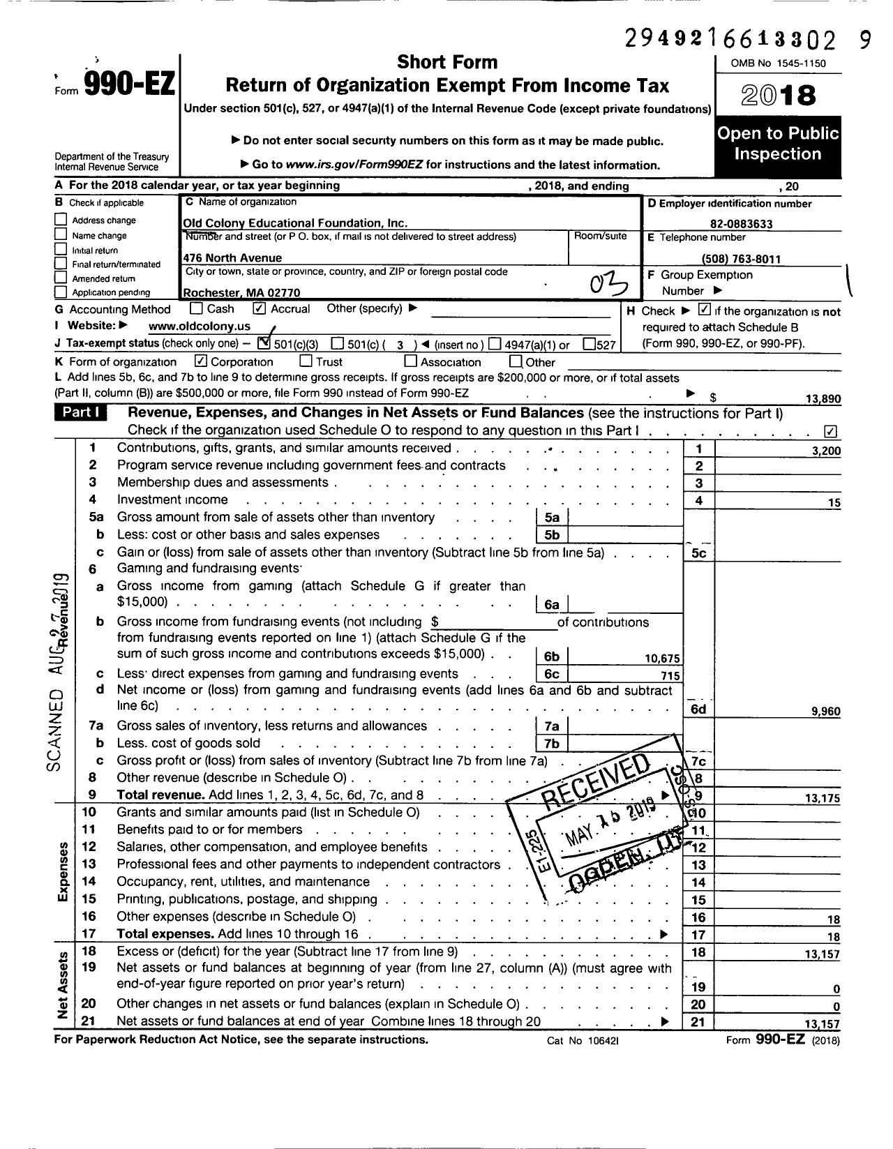 Image of first page of 2018 Form 990EZ for Old Colony Educational Foundation