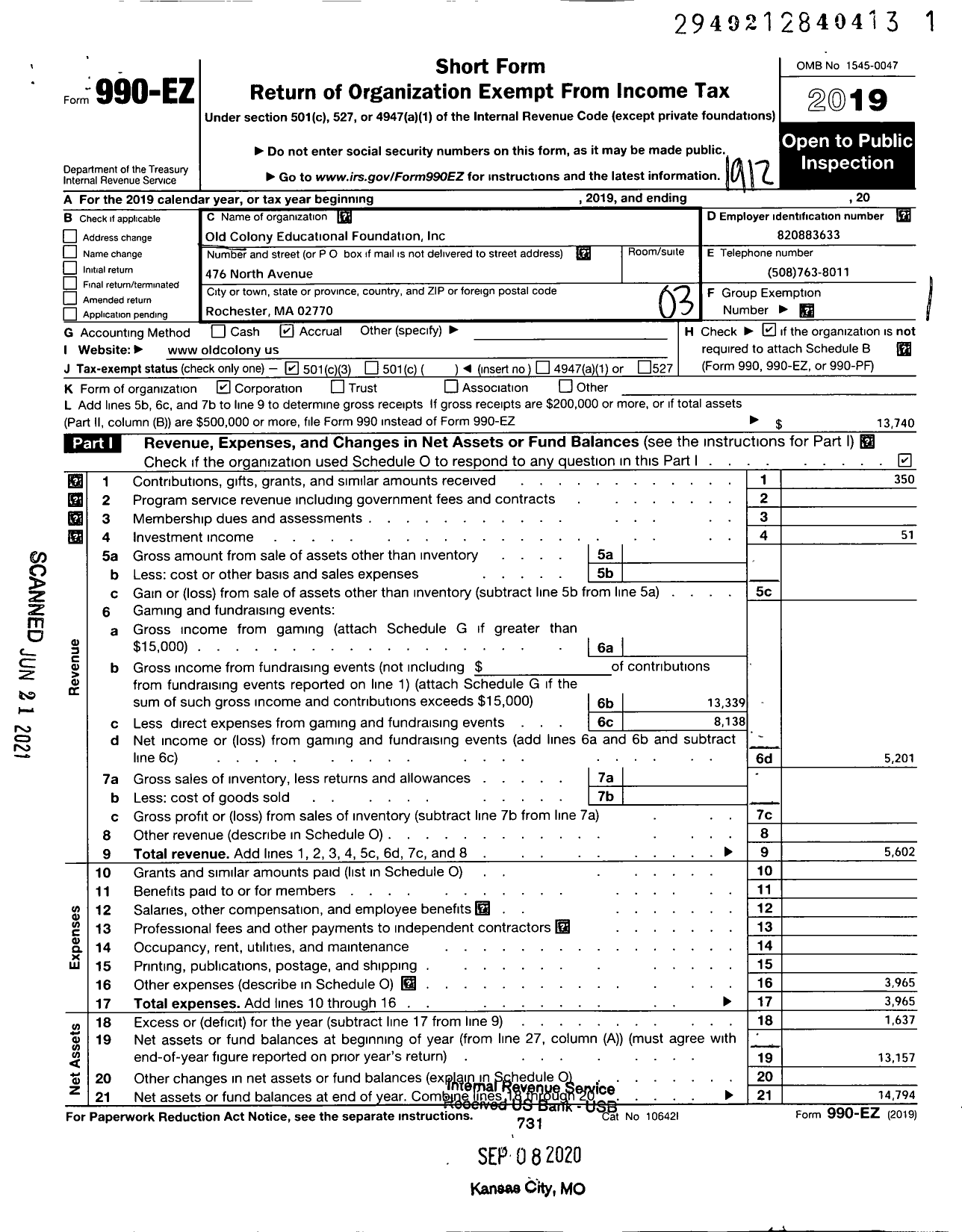 Image of first page of 2019 Form 990EZ for Old Colony Educational Foundation