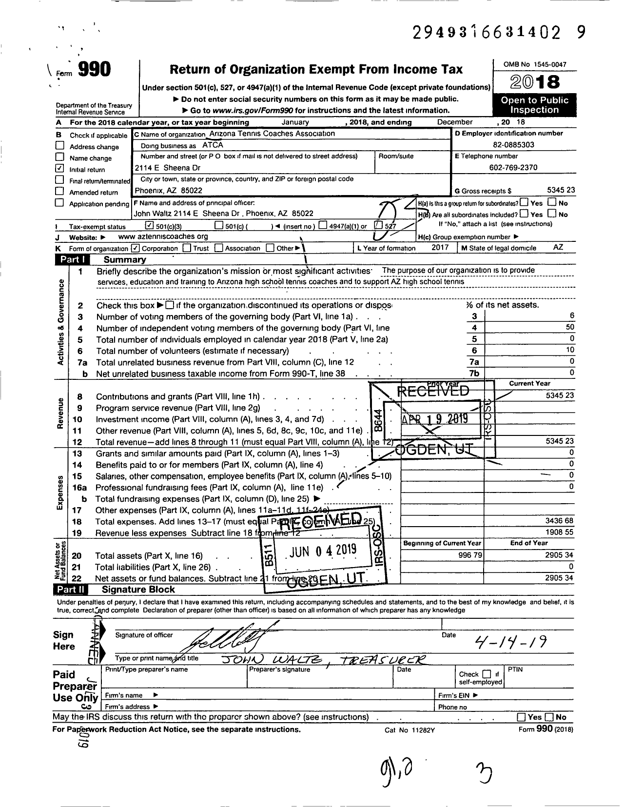 Image of first page of 2018 Form 990 for Arizona Tennis Coaches Association