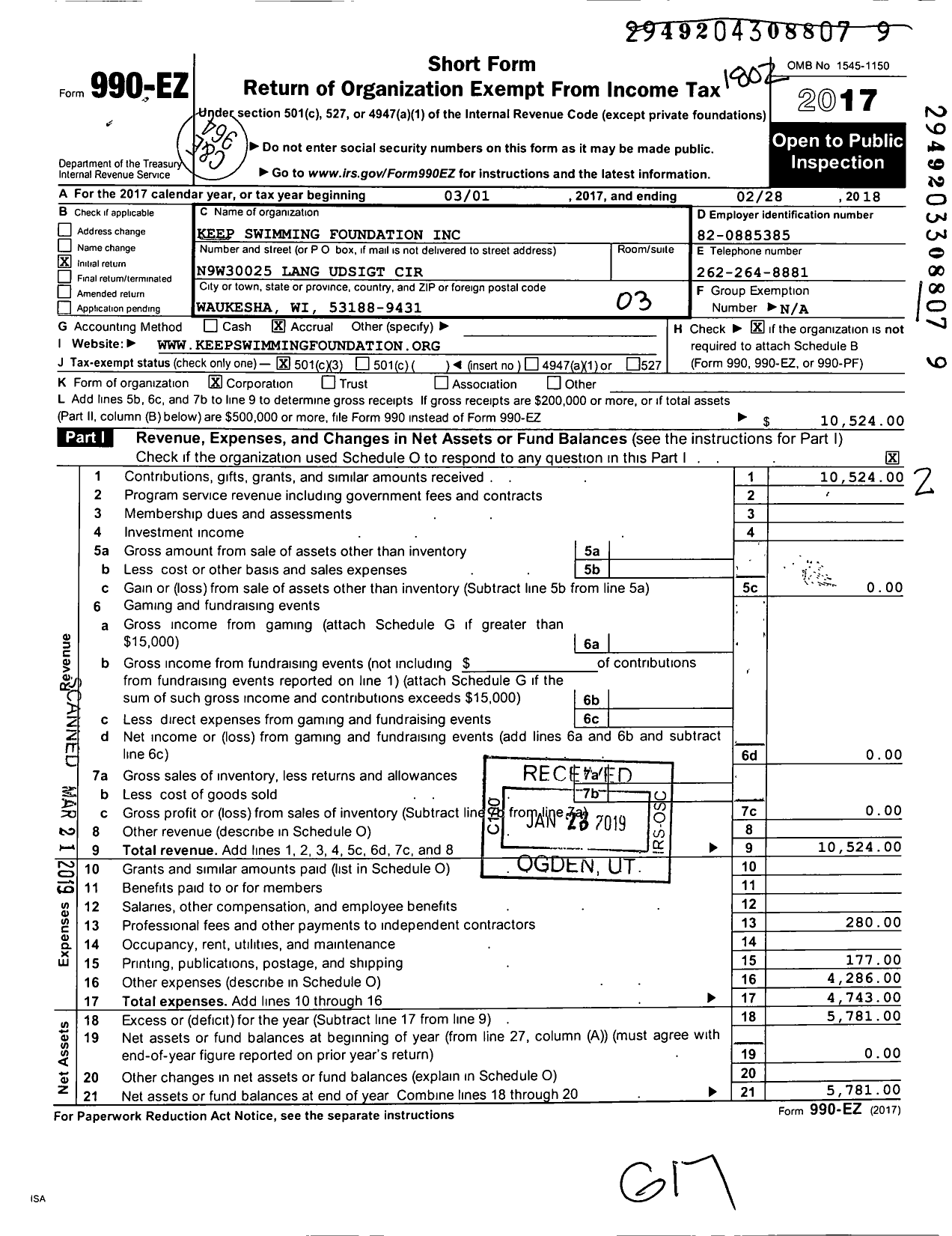 Image of first page of 2017 Form 990EZ for Keep Swimming Foundation