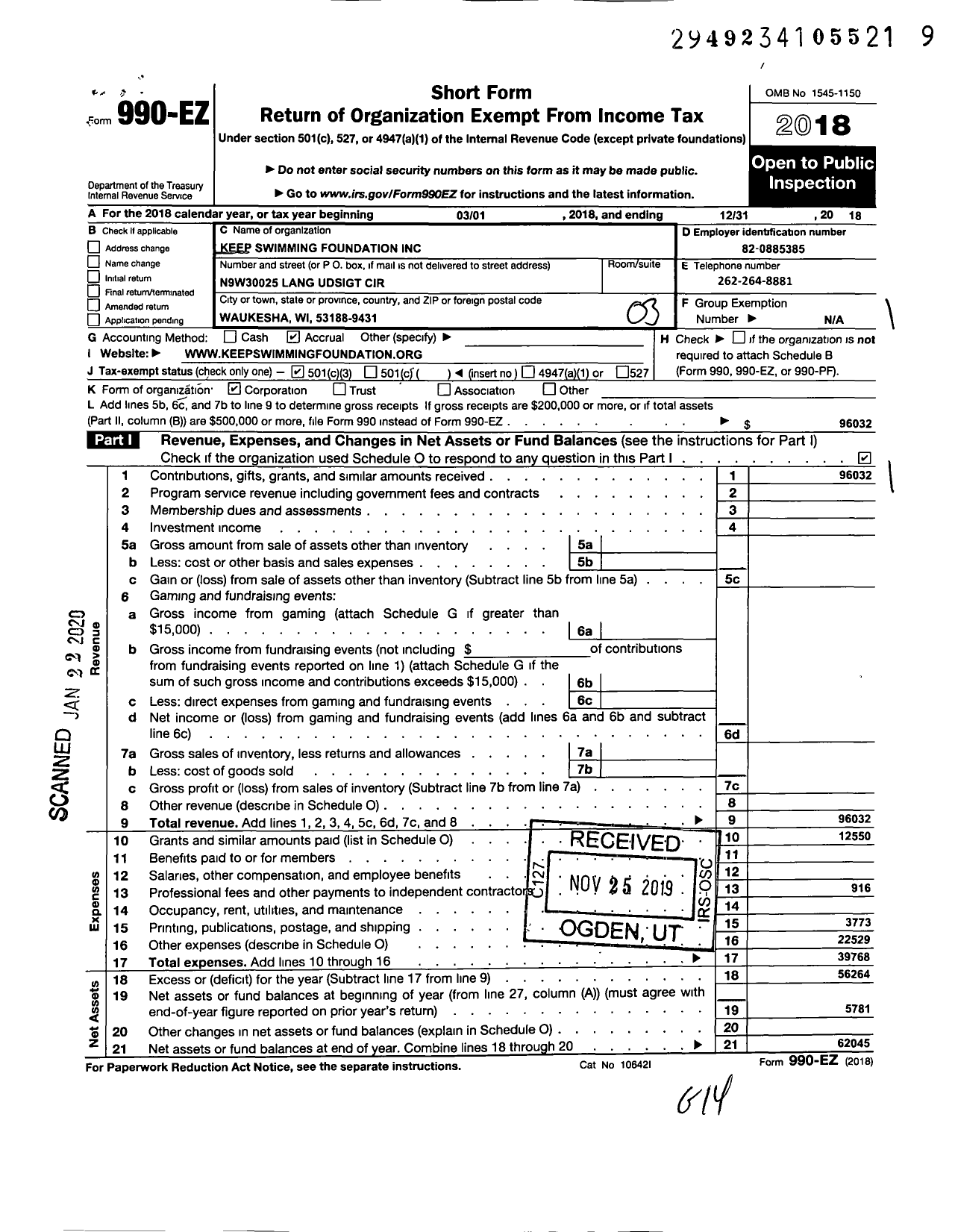 Image of first page of 2018 Form 990EZ for Keep Swimming Foundation