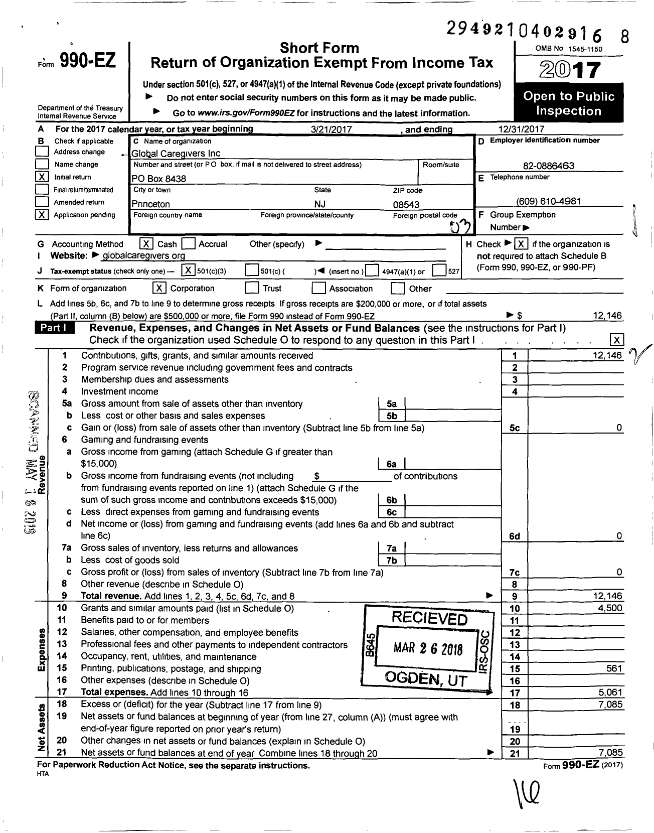 Image of first page of 2017 Form 990EZ for Global Caregivers