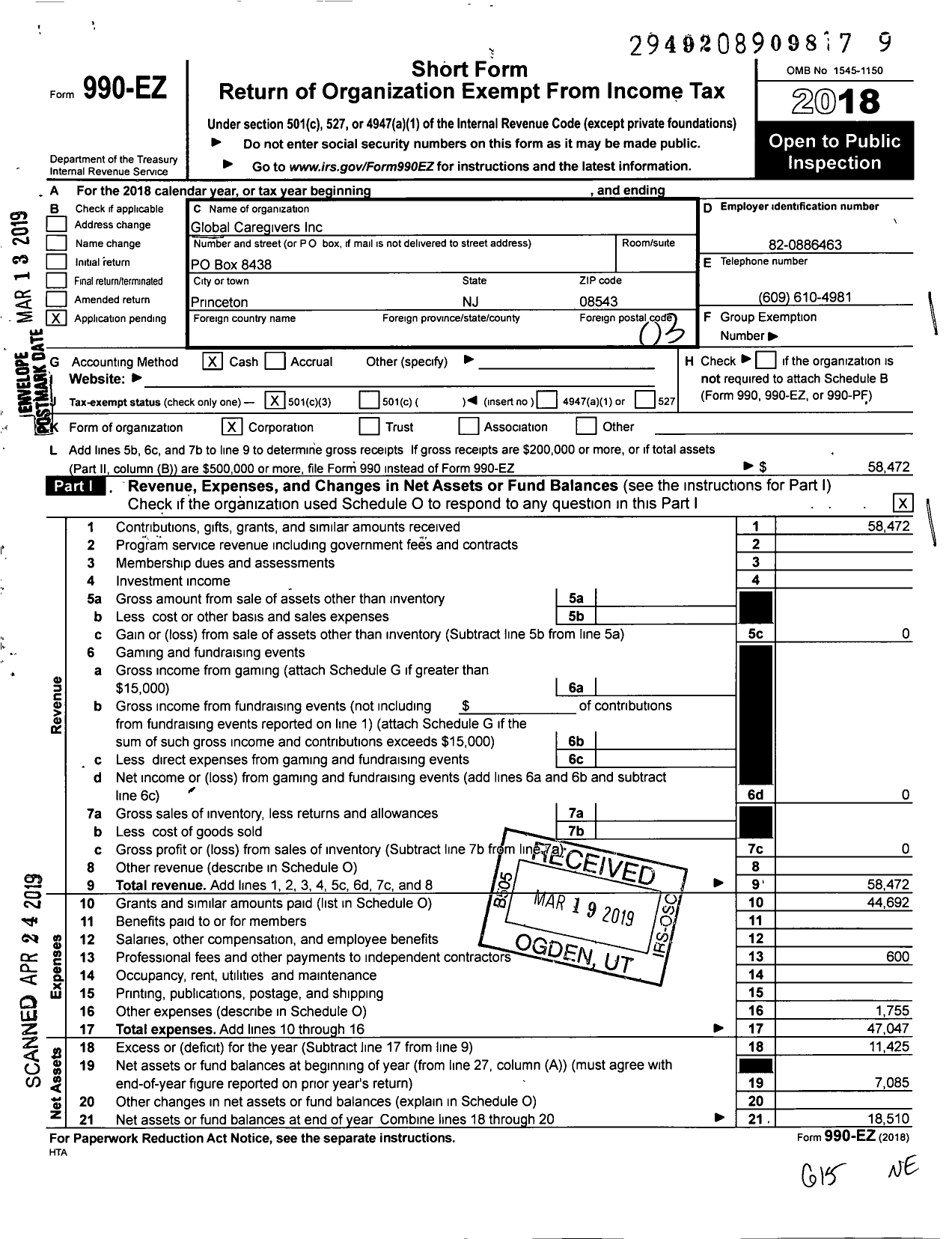 Image of first page of 2018 Form 990EZ for Global Caregivers