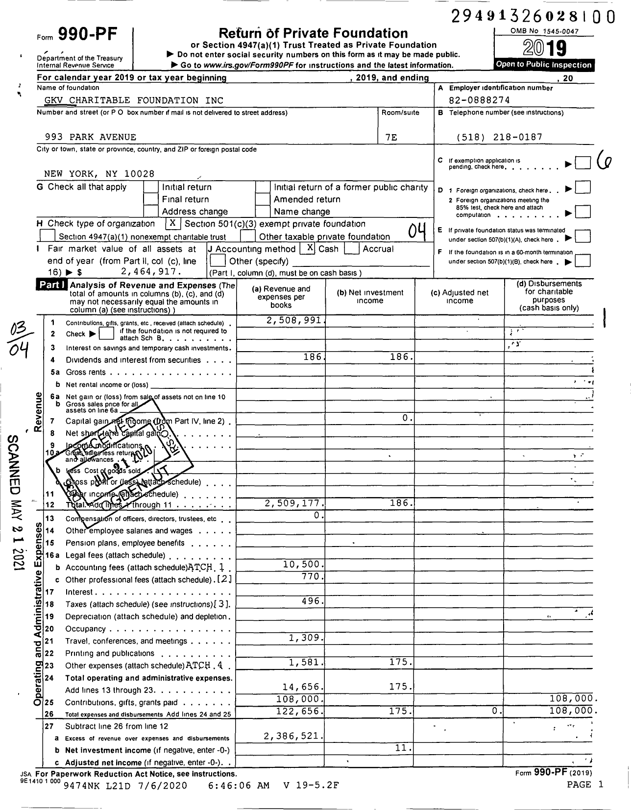 Image of first page of 2019 Form 990PF for GKV Charitable Foundation