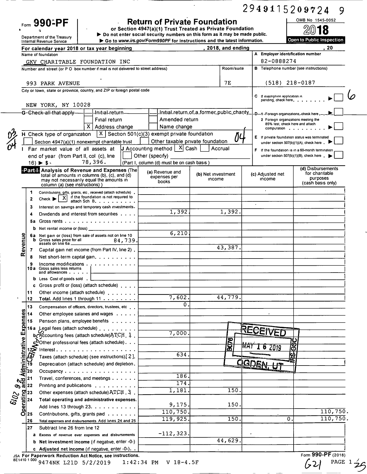 Image of first page of 2018 Form 990PF for GKV Charitable Foundation