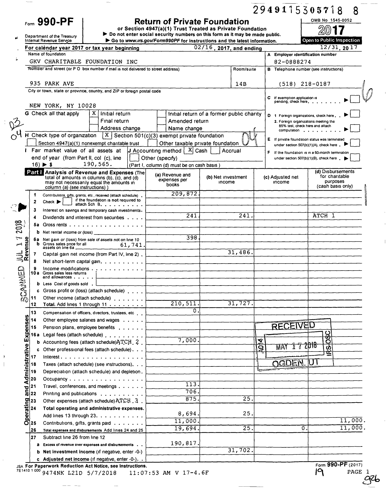 Image of first page of 2017 Form 990PF for GKV Charitable Foundation