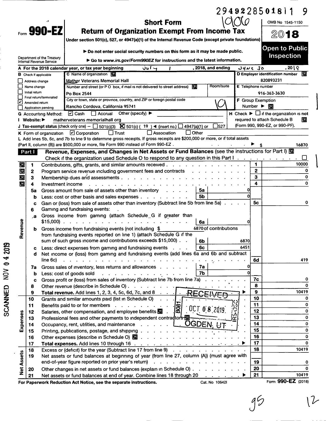 Image of first page of 2018 Form 990EO for Mather Veterans Memorial Hall