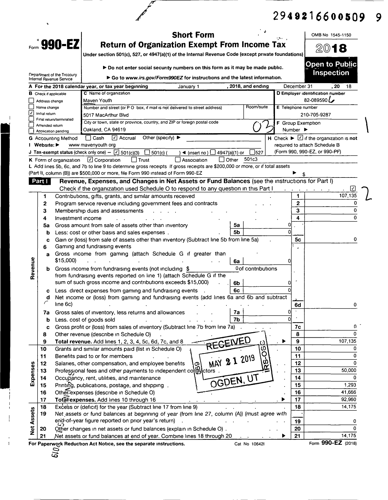 Image of first page of 2018 Form 990EZ for Maven Youth