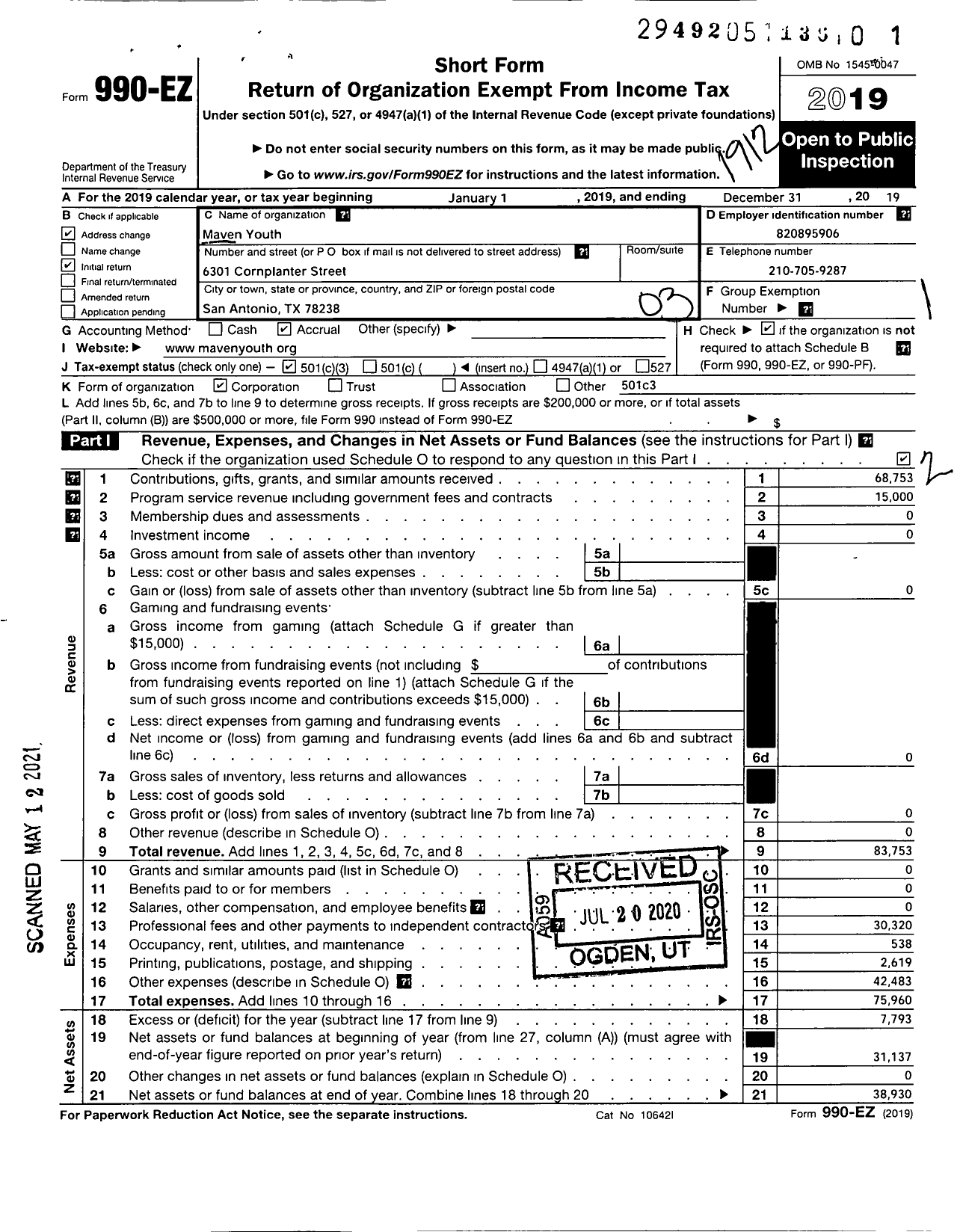 Image of first page of 2019 Form 990EZ for Maven Youth