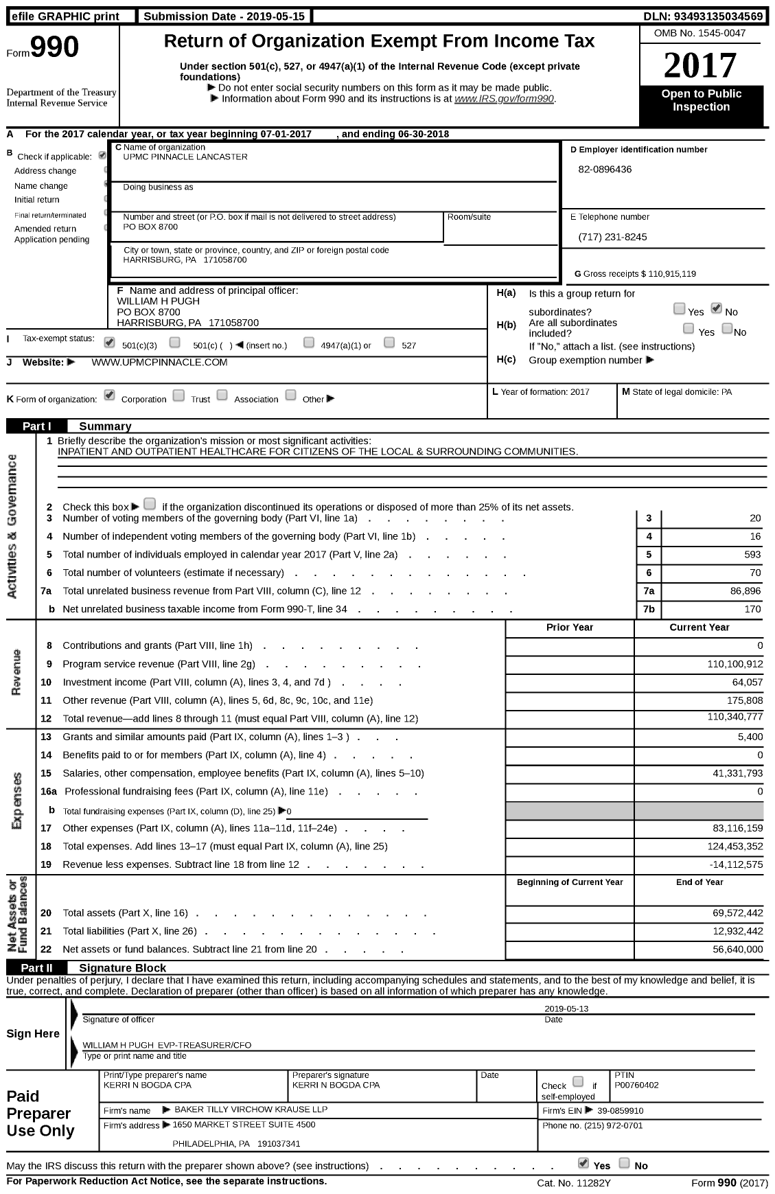 Image of first page of 2017 Form 990 for Upmc Pinnacle Lancaster