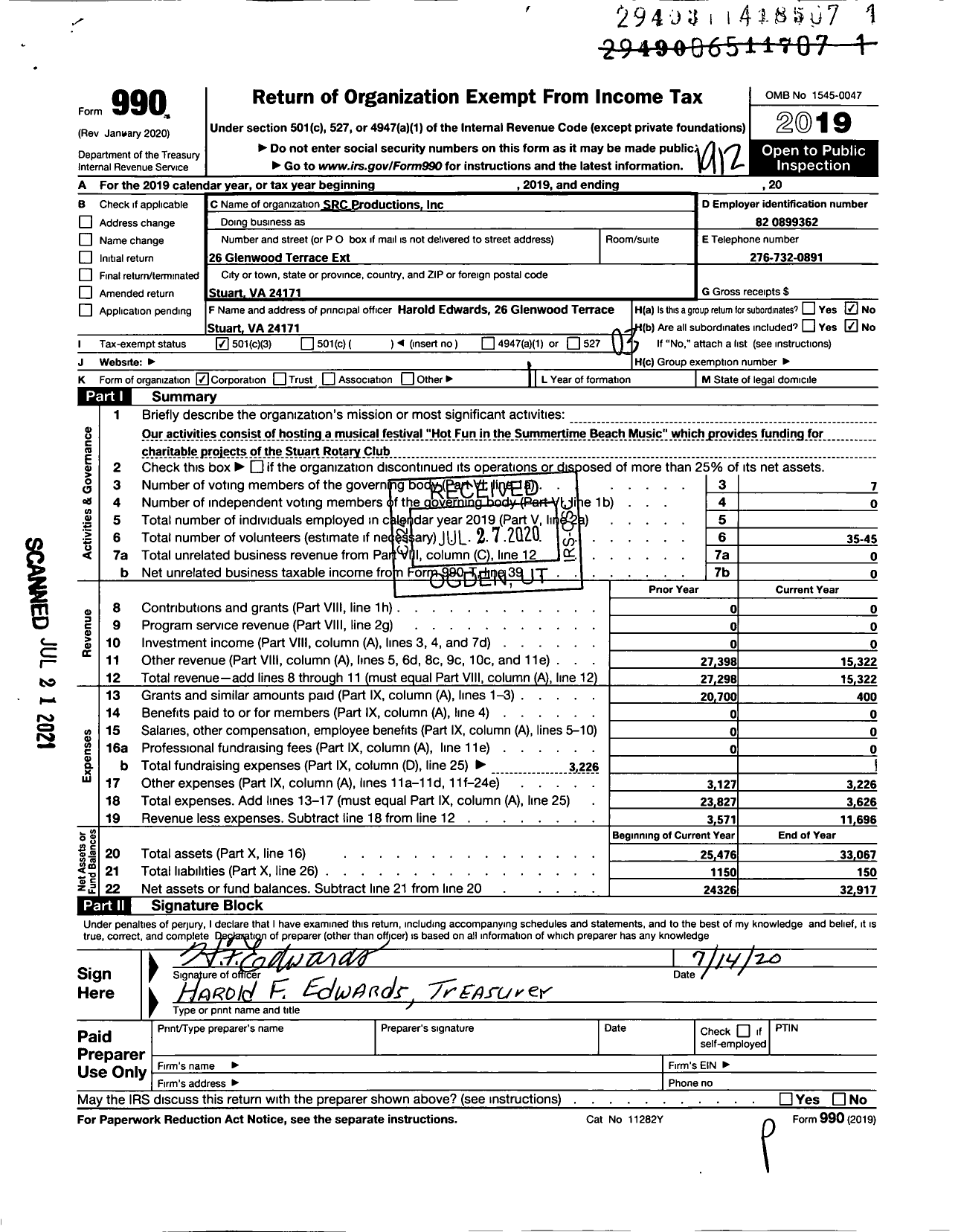 Image of first page of 2019 Form 990 for SRC Productions