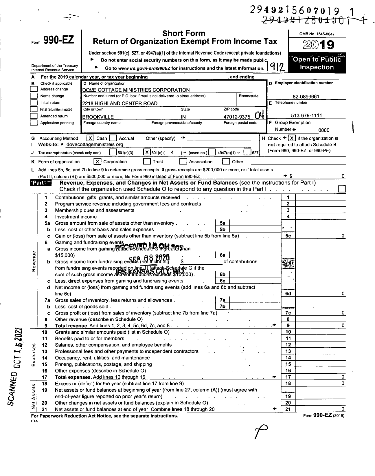 Image of first page of 2019 Form 990EO for Dove Cottage Ministries Corporation