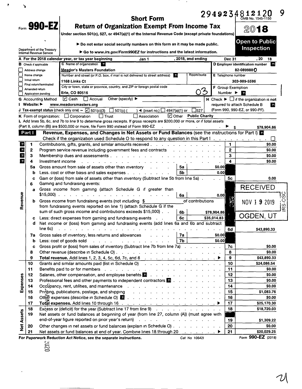 Image of first page of 2018 Form 990EZ for Meadors Masters Foundation