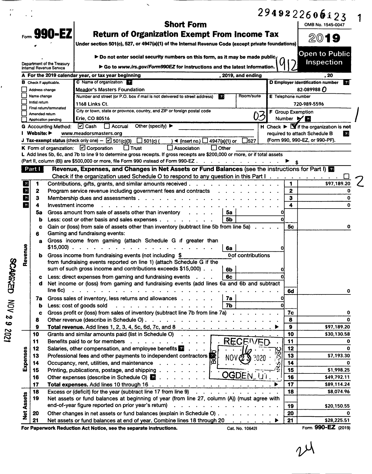 Image of first page of 2019 Form 990EZ for Meadors Masters Foundation